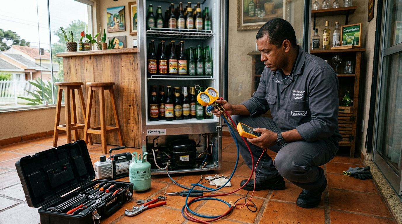 Profissional executando reparo no motor de cervejeira em Jundiaí‑SP