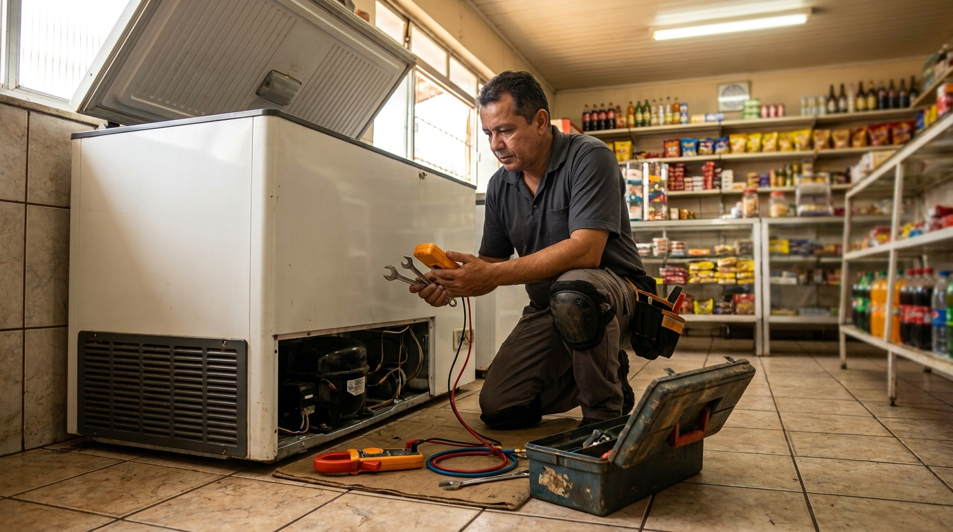 Profissional executando manutenção no motor de freezer em Jundiaí‑SP