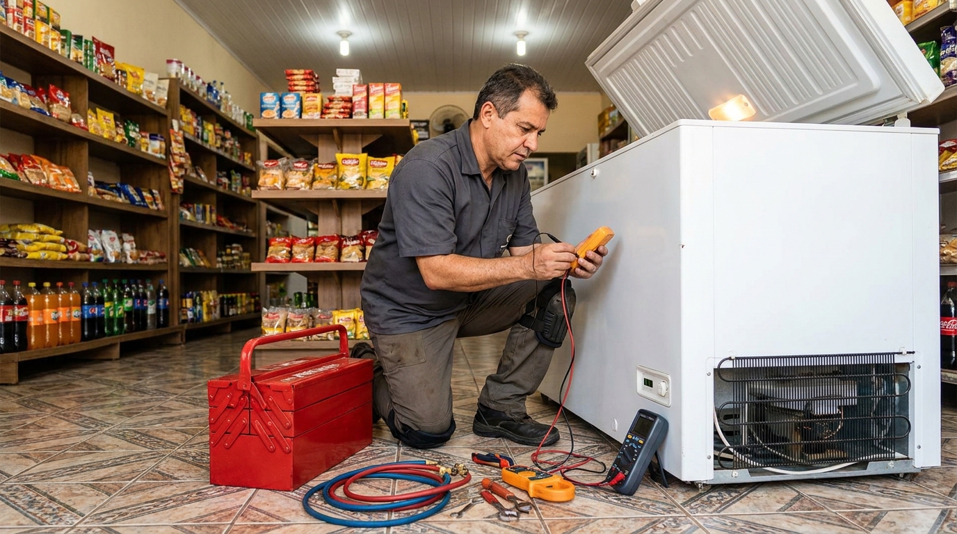 Recarga de gás refrigerante no freezer durante atendimento em Jundiaí‑SP