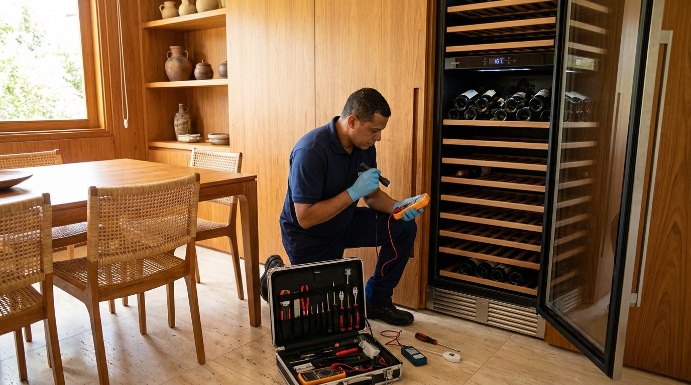 Substituição de termostato em adega climatizada em visita técnica em Jundiaí‑SP